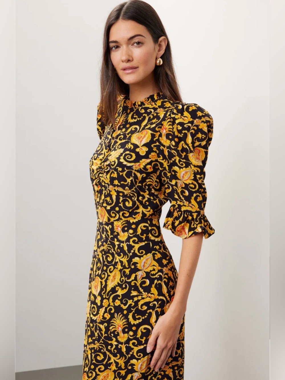 RHODE Felix Dress Black & Gold Floral Midi Dress with Ruffle Hem Sz 10 - Picture 10 of 17